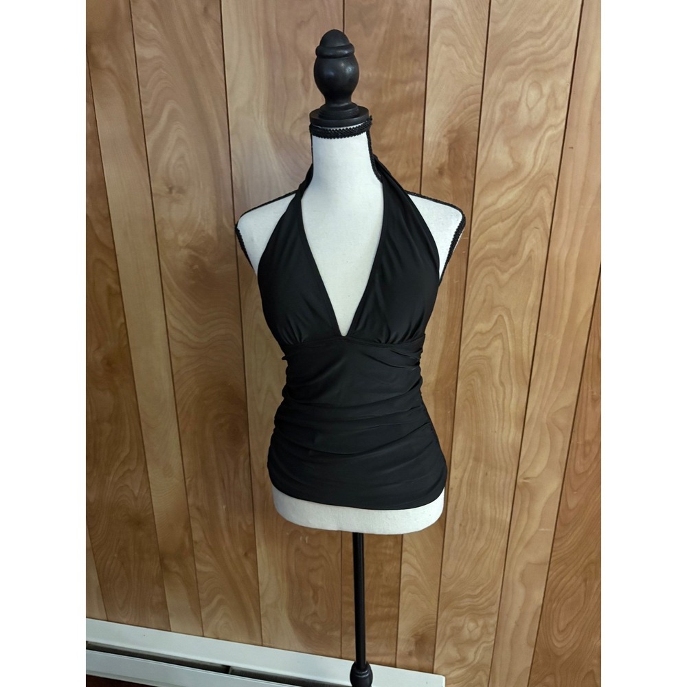 Black 3 Piece Swimsuit Set Halter Ruched Tankini Top Skirt and Bottoms Small